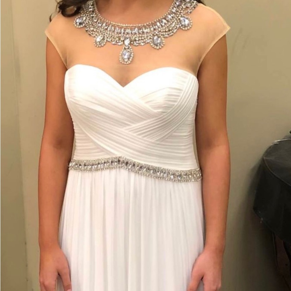 Stunning White Sherri Hill gown with Jeweled Neck and Belt with Mesh